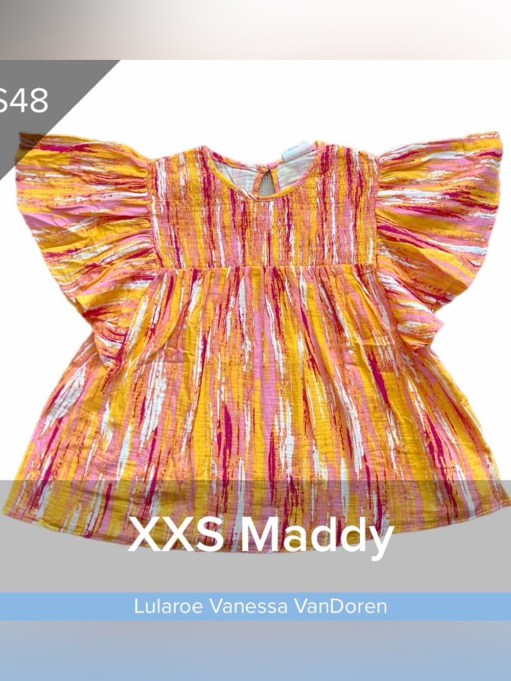 LuLaRoe Yellow and Pink Striped Flutter-Sleeve Maddy